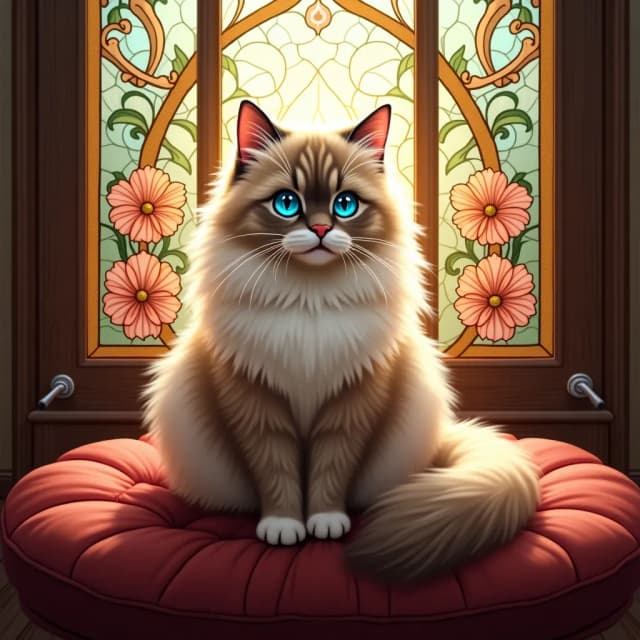 A fluffy, long-haired Persian cat with piercing blue eyes, sitting regally on a plush velvet cushion