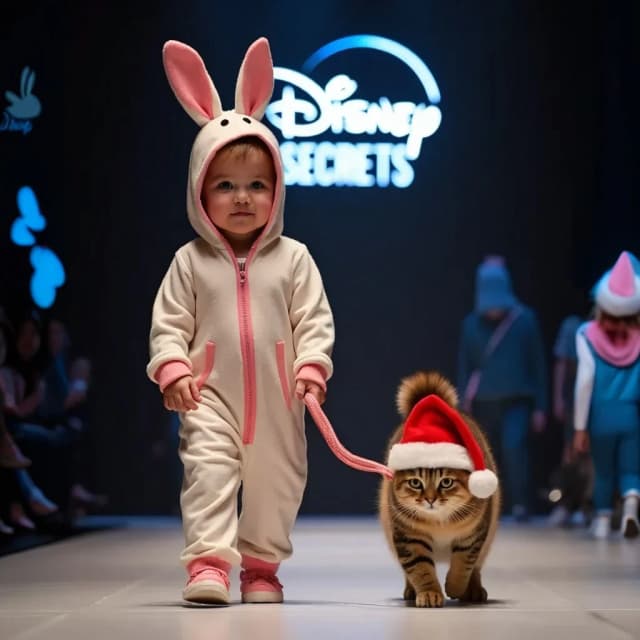 Photorealistic image of a toddler walking a cat on a fashion runway, wearing a cream-colored bunny onesie with pink accents
