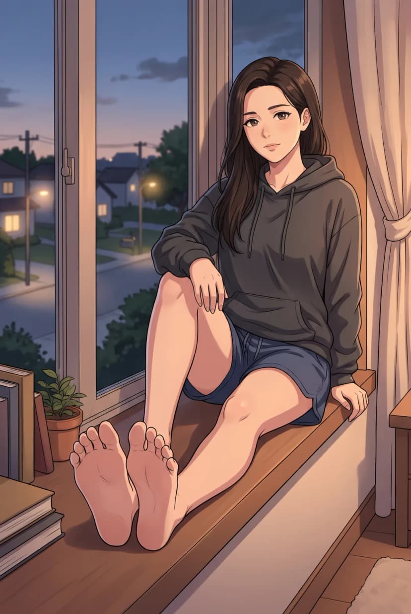 Anime illustration of an adult woman with long dark hair sitting on a windowsill in a hoodie and shorts, bare feet resting on the ledge toward the viewer, soles visible, soft evening light, clean cel shading