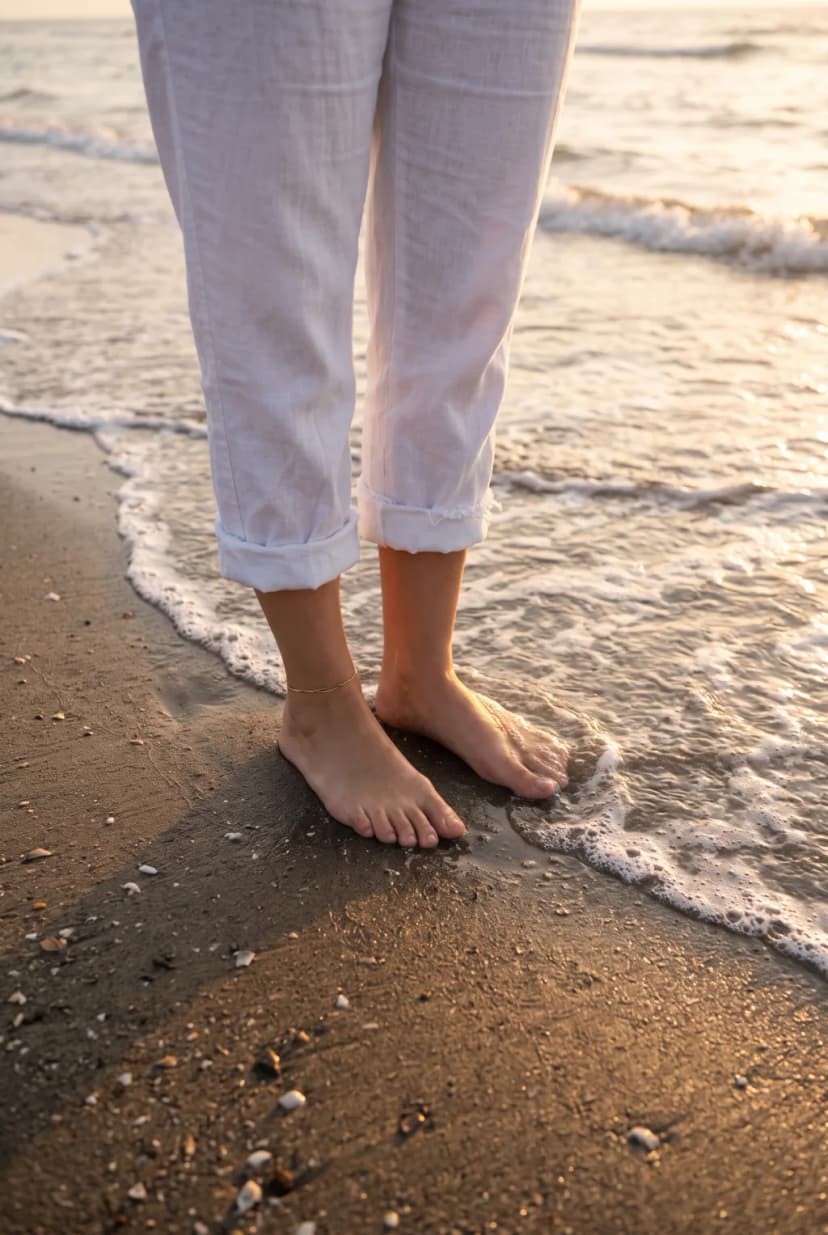 Photo of an adult woman's bare feet on warm sand at the edge of the sea, a thin gold anklet, waves washing over her toes, rolled-up white linen pants, golden-hour light, travel photography