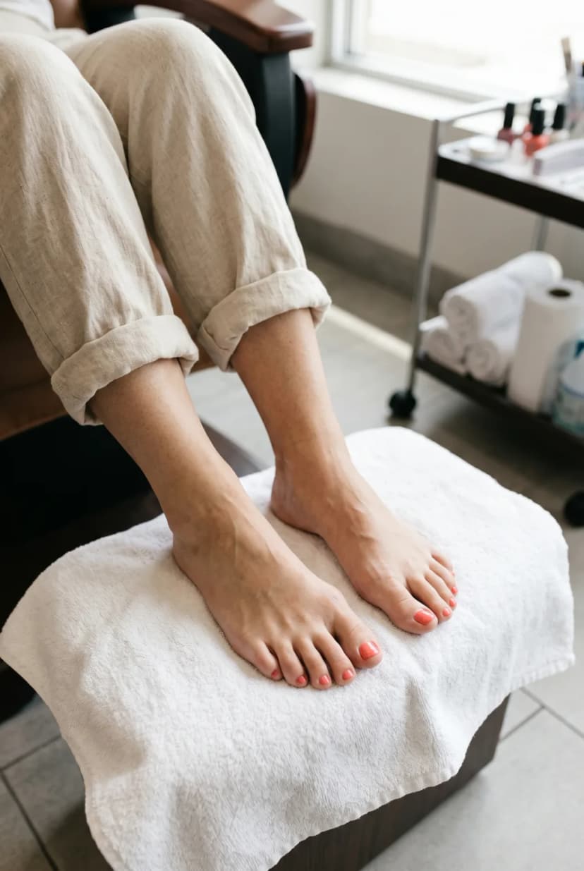 Close-up photo of an adult woman's bare feet resting on a white towel at a nail salon, fresh glossy coral pedicure, rolled-up linen trousers, soft daylight, clean beauty photography