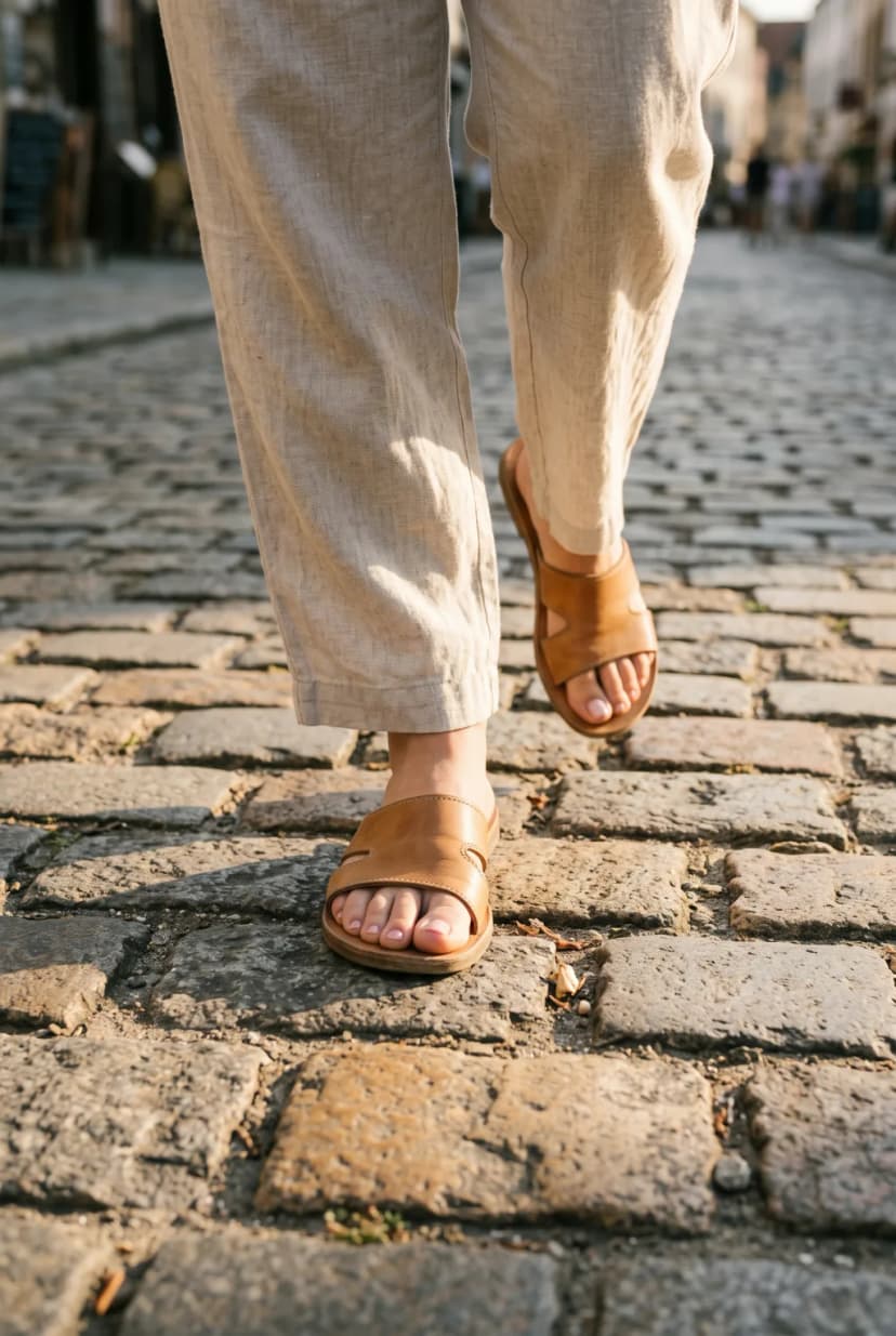 Close-up editorial photo of an adult woman walking on a sunlit cobblestone street, feet in tan leather sandals with a pale pink pedicure, linen trousers, warm late-afternoon light, shallow depth of field