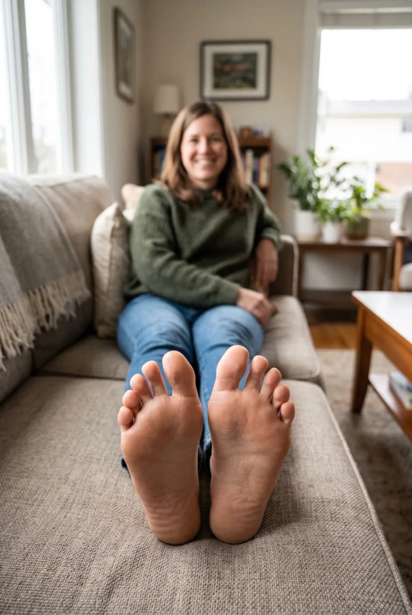 Photorealistic photo of an adult woman sitting on a living-room sofa in jeans and a sweater, bare feet stretched toward the camera, soles in sharp focus in the foreground, her smiling face softly out of focus behind, natural window light