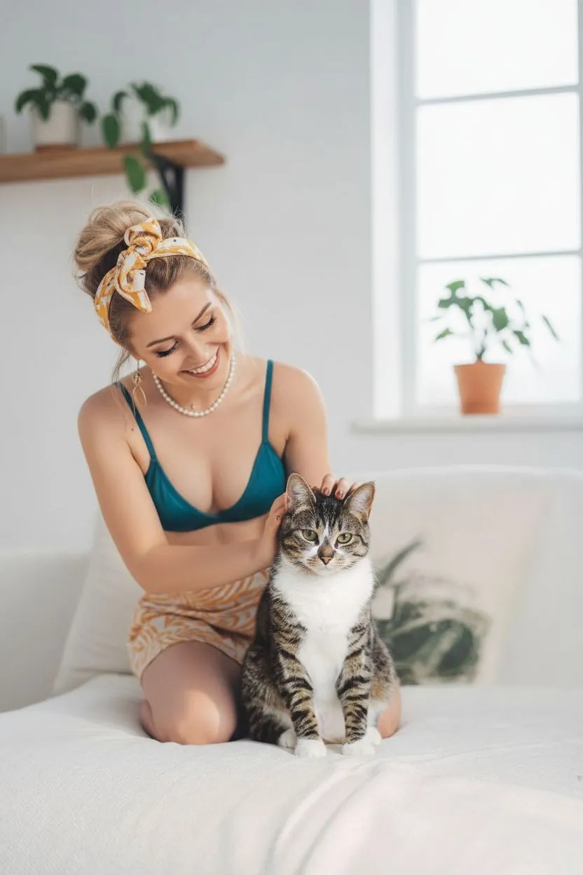 Woman petting the cat