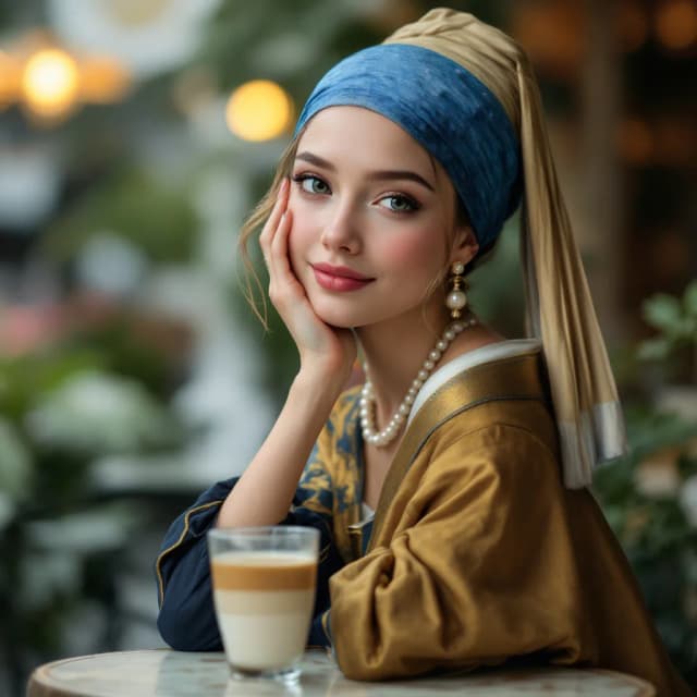 Photorealistic portrait of a young woman with fair skin, styled as 'Girl with a Pearl Earring'