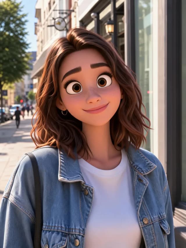 3D Cartoon: Turn this photo into a 3D animated cartoon character with big expressive eyes and soft lighting, keep her outfit, pose and the city street