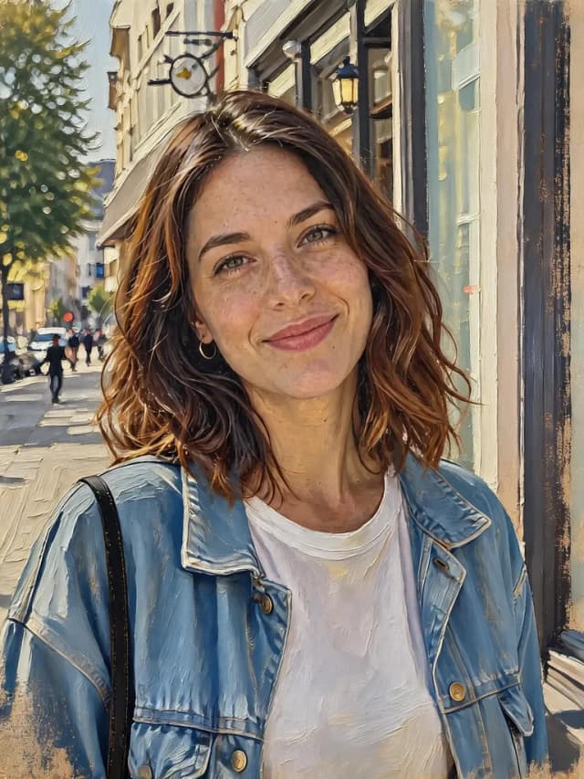 Oil Painting: Turn this photo into a classical oil painting portrait with thick impasto brushstrokes, visible canvas texture and rich warm colors, keep her face, hair and pose