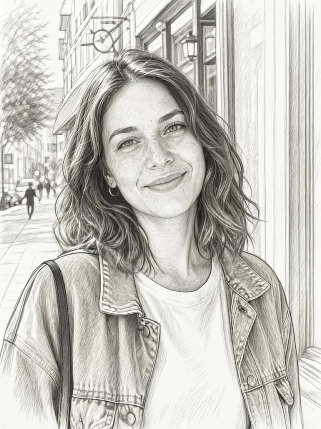 Pencil Sketch: Turn this photo into a detailed graphite pencil sketch on white paper with cross-hatching and soft shading