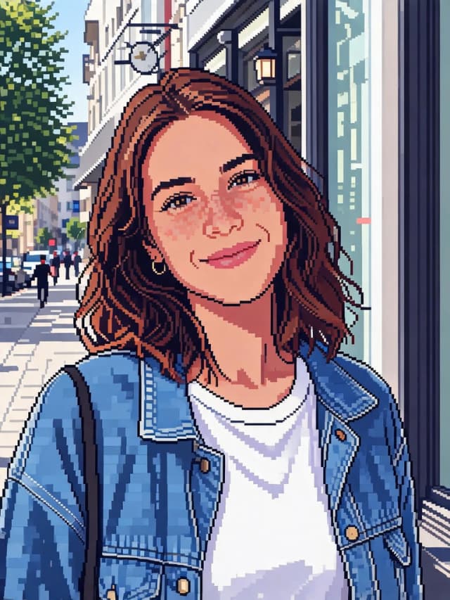 Pixel Art: Turn this photo into 16-bit pixel art with a limited color palette and crisp square pixels, keep the city street background