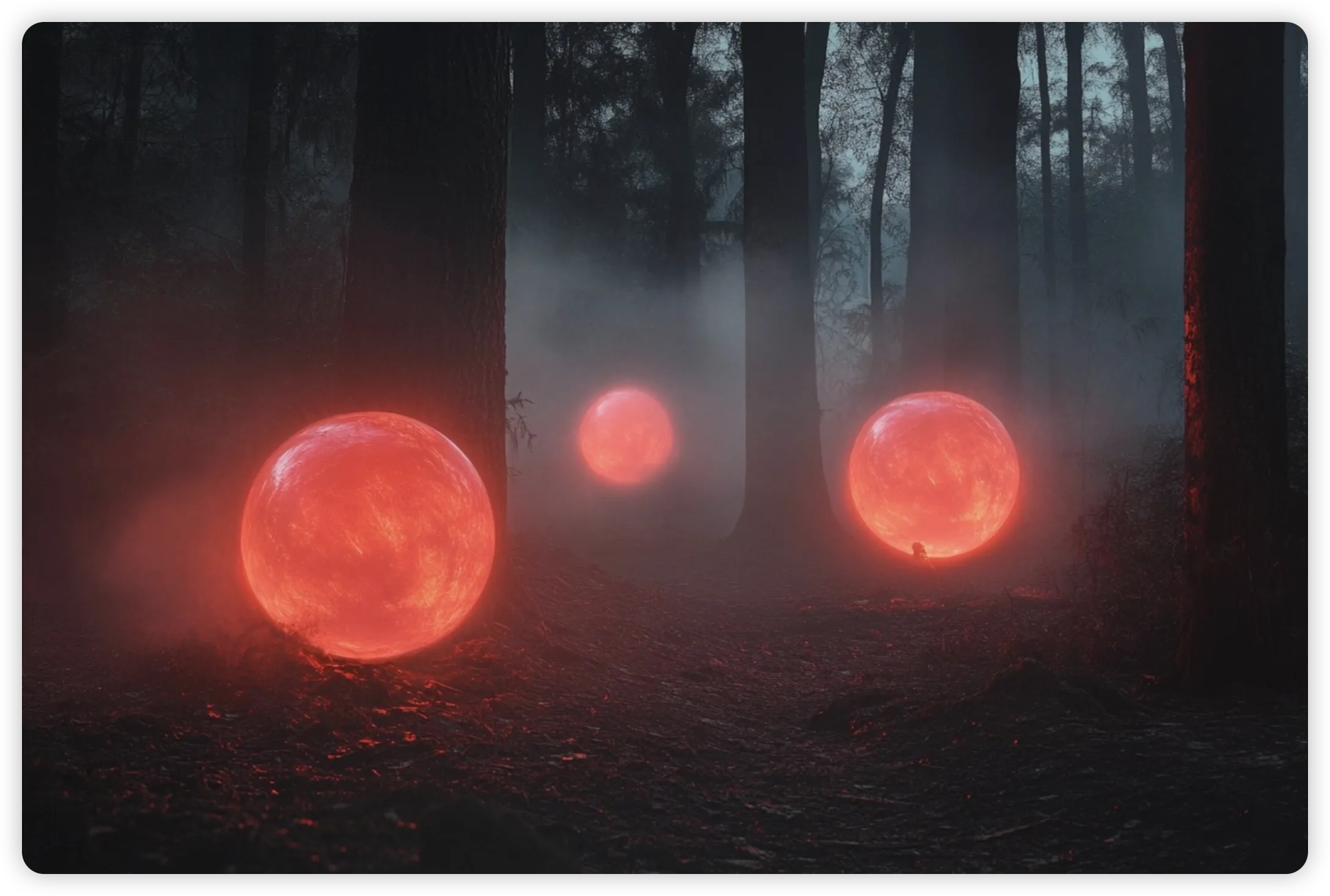 Glowing red orbs in a misty dark forest