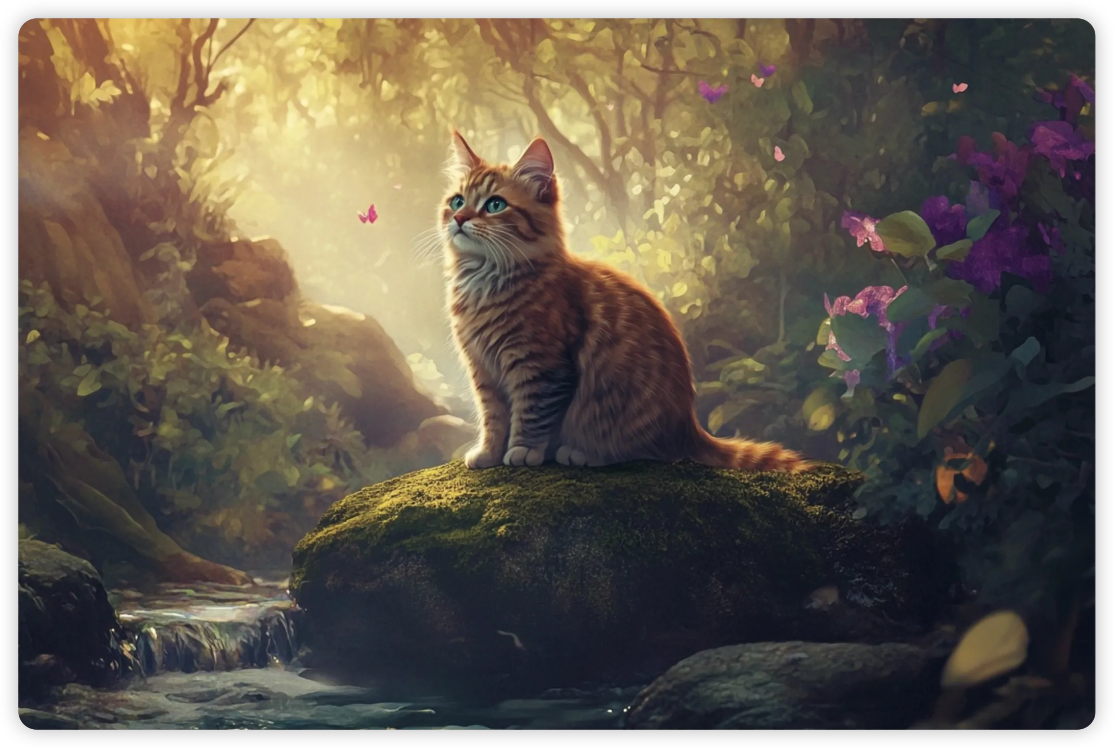 Mystical cat by a forest stream with detailed prompting elements