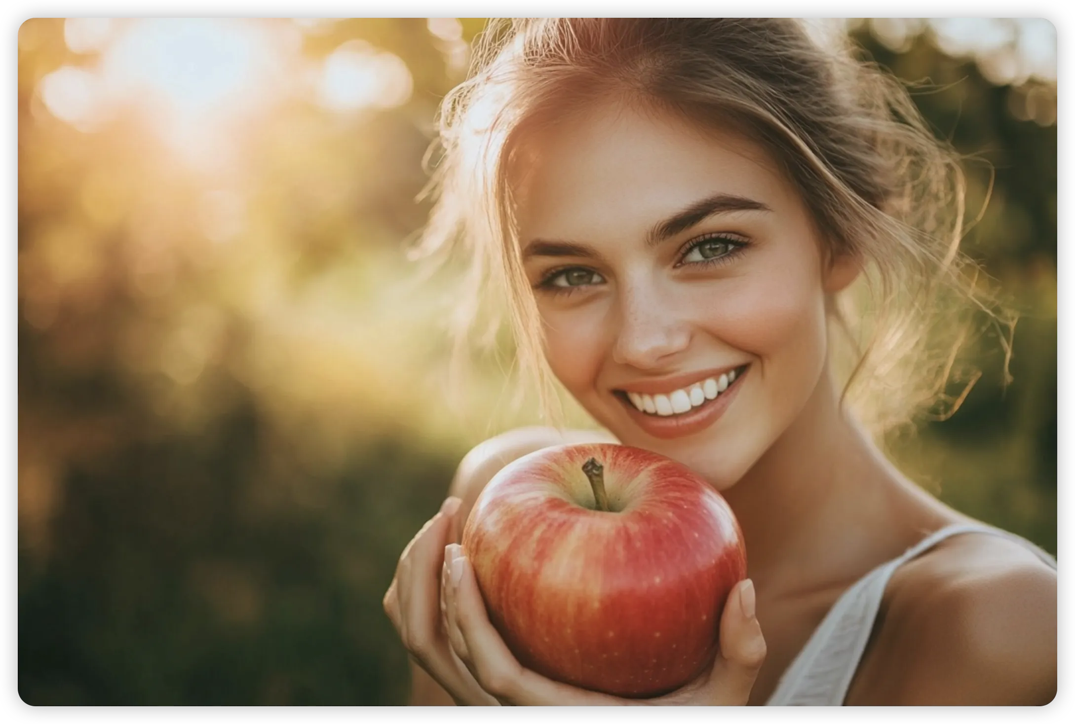 Woman holding a big apple showing word choice effect