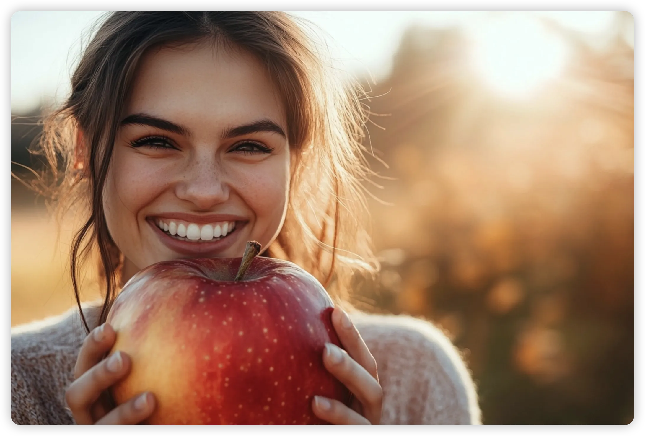 Woman holding a massive apple showing word choice impact